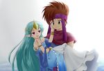  1girl aqua_hair armlet bare_shoulders bracelet brown_eyes brown_hair capelet carrying dress evil_grin evil_smile gown grin headband jewelry just_as_planned long_hair luca_(seiken_densetsu) pointy_ears princess_carry randi red_eyes seiken_densetsu seiken_densetsu_2 smile syake tiara very_long_hair 
