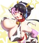  ;d animal_ears animal_print bell bell_collar black_hair blush bouncing_breasts breasts brown_eyes collar cow_bell cow_ears cow_horns cow_print cow_tail gloves headset highres horns huge_breasts idolmaster idolmaster_cinderella_girls looking_at_viewer oikawa_shizuku one_eye_closed open_mouth short_hair smile solo tail v_over_eye yamaneko_ken 