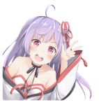 1girl :d ahoge armpit_crease bangs bare_shoulders black_choker blush character_request choker collarbone copyright_request eyebrows_visible_through_hair hair_ribbon hand_up japanese_clothes kimono long_hair long_sleeves looking_at_viewer off_shoulder one_side_up open_mouth pirason purple_hair red_eyes red_ribbon ribbon ribbon_choker sanpaku sidelocks smile solo transparent_background upper_body virtual_youtuber w white_kimono wide_sleeves 