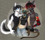  arm_warmers canine cat catdragon clothing collar dragoncat feline female fishnet_shirt flaerion folf fox friends horn hybrid kace looking_at_viewer male midriff neolucky piercing siamese tongue trio wolf 