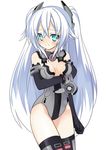  aqua_eyes armlet bangs bare_shoulders black_gloves black_heart blush breast_hold breasts cleavage cleavage_cutout clenched_hand cowboy_shot elbow_gloves embarrassed gloves hair_between_eyes hair_ornament halterneck highres image_sample kami_jigen_game_neptune_v leotard light_smile long_hair looking_at_viewer magical_girl md5_mismatch meimu_(infinity) neptune_(series) noire pixiv_sample power_symbol raised_eyebrows simple_background small_breasts smile solo symbol-shaped_pupils thighhighs turtleneck twintails vambraces very_long_hair white_background white_hair 