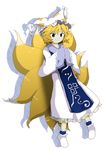  blonde_hair dress fox_tail hands_in_opposite_sleeves hat multiple_tails official_style oota_jun'ya_(style) sakuragi_rian short_hair smile solo tabard tail touhou transparent_background white_dress wide_sleeves yakumo_ran yellow_eyes 