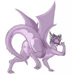  all_fours anus brown_eyes butt claws clitoris countershading dragon edit female feral hair hi_res horn looking_at_viewer looking_back presenting presenting_hindquarters presenting_pussy purple_scales pussy raised_leg scales scalie simple_background solo thatweirdguyjosh wings 
