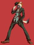  blonde_hair business_suit cigarette clenched_teeth cuff_links dapper hair hat hyena male mammal plain_background pose red_background smoking solo suzu_ice_cloud teeth 