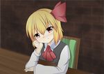  anime_coloring ascot blonde_hair blush brick_wall chair charley_heisei dress_shirt fang fingernails hair_ribbon head_rest long_sleeves looking_at_viewer red_eyes ribbon rumia shirt short_hair sitting smile solo table touhou upper_body vest 