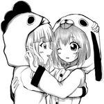  :d akaza_akari animal_costume calligraphy_brush_(medium) chicken_costume dog_costume greyscale monochrome multiple_girls nib_pen_(medium) oomuro_sakurako open_mouth smile temi_(konagona_moe) traditional_media wince yuru_yuri 