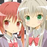  :3 bad_id bad_pixiv_id bow checkered checkered_background cthugha_(nyaruko-san) green_eyes haiyore!_nyaruko-san highres long_hair multiple_girls nyarlathotep_(nyaruko-san) red_eyes red_hair ryoutan school_uniform silver_hair twintails 