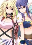  2girls blue_hair breasts choker cleavage elbow_gloves gloves judith long_hair midriff milla_maxwell multicolored_hair multiple_girls navel pointy_ears red_eyes skirt tales_of_(series) tales_of_vesperia tales_of_xillia 