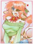  &hearts; bell blue_eyes blush bovine bow cow female hair looking_at_viewer mistletoe navel neolucky one_eye_closed open_mouth red_hair solo sweater xmas 