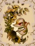  commentary creature full_body gen_5_pokemon glitchedpuppet green green_skin jumping leaf looking_away no_humans pokemon pokemon_(creature) profile sepia_background signature snivy solo 
