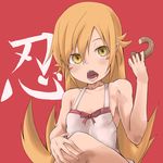  bad_id bad_pixiv_id doughnut dress fangs food highres konoshita_kiyomasa long_hair monogatari_(series) nisemonogatari open_mouth oshino_shinobu red_background solo yellow_eyes 