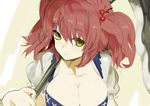 breasts brown_hair cleavage collarbone hair_bobbles hair_ornament large_breasts luv onozuka_komachi over_shoulder scythe shirt solo touhou two_side_up upper_body yellow_eyes 
