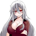  bad_id bad_pixiv_id breast_rest breasts cleavage copyright_request crossed_arms highres huge_breasts jitome long_hair looking_at_viewer red_eyes silver_hair simple_background solo white_background yamane_akira zipper 