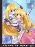  1boy 1girl apron armor belt blonde_hair blue_eyes breasts brother_and_sister dress frills gloves kika_(pororororo) ladle lilith_aileron long_hair open_mouth pants siblings stahn_aileron tales_of_(series) tales_of_destiny 