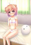  ahoge akaza_akari bare_shoulders blush bow bow_bra bow_panties bra curtains double_bun hair_intakes highres navel panties red_hair sitting solo stomach taiki_ken underwear underwear_only white_bra white_panties yuru_yuri 