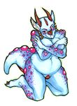  &hearts; belly blue blue_skin breasts chubby claws dragon ear_piercing emberhart female horn nipple_piercing nipples nude piercing red_eyes scalie selena_emberheart solo thick voluptuous 