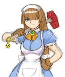  70s :3 breasts brown_hair fujiyama_shizuka gaiking gaiking:_legend_of_daikuu_maryuu gloves hair_over_one_eye hammer maid oldschool smile touei 