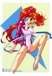  90s absurdres clothes_writing covered_nipples dated green_eyes gymnast_leotard half-soles high_ponytail highres holding hoop hula_hoop leotard long_hair looking_at_viewer open_mouth original red_hair suzuki_gamma 