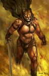  biceps bulge cape cheetahpaws clothed clothing feline fingerless_gloves forced gloves grass guin guin_saga human leopard loincloth male mammal mask muscles nipples solo sword toned walking weapon 