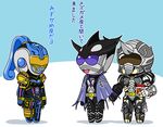  2girls aquarius_zodiarts cape gamel holding_hands horn jar kamen_rider kamen_rider_fourze_(series) kamen_rider_ooo_(series) mezul multiple_girls open_mouth redol smile translated whale 