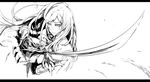  bow castlevania castlevania:_order_of_ecclesia foreshortening greyscale ian_olympia letterboxed long_hair monochrome shanoa signature solo sword weapon 