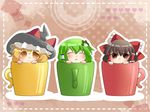 ^_^ bad_id bad_pixiv_id blonde_hair bow brown_eyes brown_hair closed_eyes commentary_request cup frame frog_hair_ornament green_hair hair_bow hair_ornament hair_tubes hakurei_reimu hammer_(sunset_beach) hat heart in_container in_cup kirisame_marisa kochiya_sanae minigirl multiple_girls open_mouth smile touhou wavy_mouth witch_hat yellow_eyes 