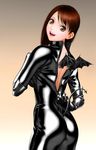  bare_back bat_wings black_bodysuit bodysuit brown_eyes brown_hair eyeliner gloves highres latex lips lipstick long_hair makeup original shiny shiny_clothes smile solo tail teeth tongue wings yui_toshiki 