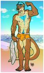  beach blue_hair bluge body_hair bulge chest_hair eyewear hair kent_reto kihu looking_at_viewer male mammal mustelid nipples otter piercing seaside solo sunglasses tattoo topless underewear underwear 