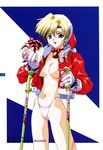  1girl 90s absurdres bell bell_choker blonde_hair blue_eyes box breasts choker christmas cowboy_shot dated earrings gift gift_box gloves hat highres holding jacket jewelry large_breasts long_sleeves navel nipples no_bra open_clothes open_jacket open_mouth original page_number red_jacket santa_hat short_hair ski_pole solo star star_earrings string_panties suzuki_gamma 
