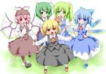 animal_ears antennae blonde_hair blue_eyes blue_hair blush cirno daiyousei dress fueiku green_eyes green_hair grin hands_on_hips hat jewelry long_hair multiple_girls mystia_lorelei open_mouth outstretched_arms pink_hair red_eyes rumia short_hair side_ponytail single_earring skirt skirt_set smile spread_arms team_9 touhou wings wriggle_nightbug 