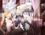  1girl arakune bad_id bad_pixiv_id bare_shoulders black_legwear blazblue blonde_hair character_doll couch cup gothic_lolita green_eyes hair_ribbon hakumen jin_kisaragi kito_shinohara lolita_fashion long_hair necktie necktie_grab neckwear_grab noel_vermillion pleated_skirt pouring rachel_alucard ragna_the_bloodedge red_eyes ribbon sitting sitting_on_lap sitting_on_person skirt teacup teapot thighhighs twintails very_long_hair white_hair 