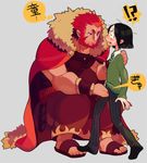  2boys armor bad_id bad_pixiv_id beard black_hair blush cape crotch_grab facial_hair fate/zero fate_(series) male_focus multiple_boys parody ppo-p red_eyes red_hair rider_(fate/zero) sandals waver_velvet 