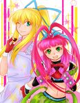  1girl absurdres apron blue_eyes breasts chelsea_torn chocolate dress elbow_gloves gloves green_eyes highres lilith_aileron long_hair midriff open_mouth pink_hair tales_of_(series) tales_of_destiny wink 