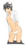  absurdres blush brown_eyes expressionless fur_hat fusa_(starless2323) goggles goggles_on_headwear grey_hair hat highres kino kino_no_tabi navel no_bra open_clothes open_shirt panties pants_down shirt short_hair solo underwear undressing 