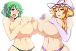  2girls areola_slip areolae areolae_slip asymmetrical_docking blonde_hair blush breast_press breasts covering_nipples curvy elbow_gloves female gigantic_breasts gloves green_hair hat hips kazami_yuuka ky. multiple_girls navel open_mouth panties red_eyes short_hair simple_background standing symmetrical_docking touhou underwear white_background wide_hips yakumo_yukari yellow_eyes youkai 