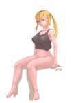  absurdres bad_id bad_pixiv_id barefoot blonde_hair blue_eyes bottomless grin highres long_hair looking_at_viewer original ponytail rebe11 sitting smile solo tank_top white_background 