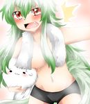  1girl :3 bad_id bad_pixiv_id black_panties blush breasts ex-keine fang fujiwara_no_mokou green_hair kamishirasawa_keine kedama large_breasts long_hair looking_at_viewer navel open_mouth panties rebecca_(keinelove) red_eyes solid_circle_eyes solo sukusuku_hakutaku surprised tail topless touhou towel towel_around_neck underwear wet 