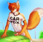  balls bottomless canine car car_fox carfax clothing cum erection fox hair looking_at_viewer male mammal masturbation penis precum shirt_logo solo translucent transparent_clothing wing-of-chaos 