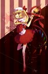  ascot bad_id bad_pixiv_id blonde_hair blush flandre_scarlet hat hat_ribbon highres lamp long_hair open_mouth red_eyes ribbon scissors shirt side_ponytail skirt skirt_set solo standing standing_on_one_leg star tepes thighhighs touhou vest white_legwear wings zettai_ryouiki 