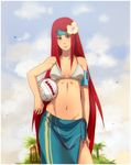  1girl alternate_eye_color bare_shoulders bikini_top flower green_eyes hair_flower hair_ornament headband long_hair looking_at_viewer midriff mound_of_venus naruto naruto_shippuuden navel outdoors pruzjinka red_hair sarong sky smile solo swimsuit uzumaki_kushina very_long_hair volley_ball volleyball 