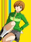  bike_shorts brown_eyes brown_hair jacket kenji_t1710 looking_at_viewer persona persona_4 satonaka_chie school_uniform short_hair skirt smile solo track_jacket 