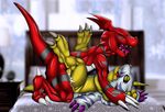  anal_penetration anthro bed cum cum_in_ass cum_inside digimon erection eyes_closed female gabumon gay guilmon horn kinglom lying male missionary_position muskie nude on_back open_mouth penetration penis recolor scalie sex straight 