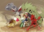  brown_hair gen_2_pokemon gen_4_pokemon hat kotone_(pokemon) pointing pokemon pokemon_(creature) pokemon_trainer roserade sandslash scizor skarmory steelix thighhighs ttk_(ehohmaki) twintails tyranitar 