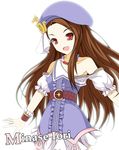 :d belt beret brown_hair character_name dress hat idolmaster idolmaster_(classic) jewelry long_hair mico_(cwc) minase_iori necklace off_shoulder open_mouth palace_of_dragon_(idolmaster) red_eyes smile solo wrist_cuffs 