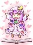  :d arms_up book bow chibi closed_eyes dress hair_bow highres long_hair natsuki_(silent_selena) open_mouth patchouli_knowledge purple_hair smile solo touhou 