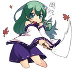  aqua_eyes blush chacha_(tyatya) cropped_legs detached_sleeves gohei green_hair hands_together kochiya_sanae long_hair motion_blur open_mouth own_hands_together simple_background solo touhou white_background wide_sleeves 