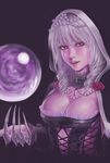  breasts choker claw_(weapon) cleavage drill_hair flower highres hood jewelry large_breasts murasaki-sin necklace orb pearl red_eyes rose silver_hair solo soulcalibur soulcalibur_v viola_(soulcalibur) weapon 