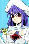  1girl atwight_eks blue_background breasts hat long_hair purple_hair red_eyes sword tales_of_(series) tales_of_destiny tales_of_destiny_2 weapon 