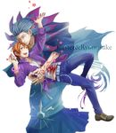  blood blue_hair bracelet caster_(fate/zero) character_name fate/zero fate_(series) highres hitohana jewelry male_focus multiple_boys orange_hair spoilers uryuu_ryuunosuke 