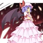  bat_wings chacha_(tyatya) dress frills gathers hat looking_at_viewer red_eyes remilia_scarlet smile solo touhou wings wrist_cuffs 